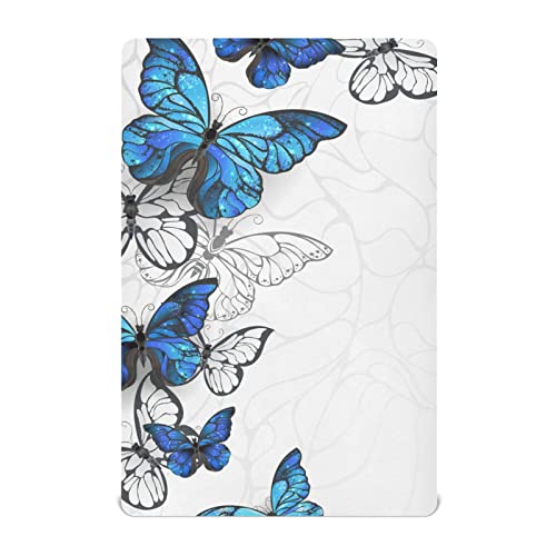 Sábanas bajeras para cuna para bebés, niños o niñas, suaves y transpirables, para colchón de cuna de tamaño estándar, 52 x 28 pulgadas, color azul volador, mariposas morpho, blanco