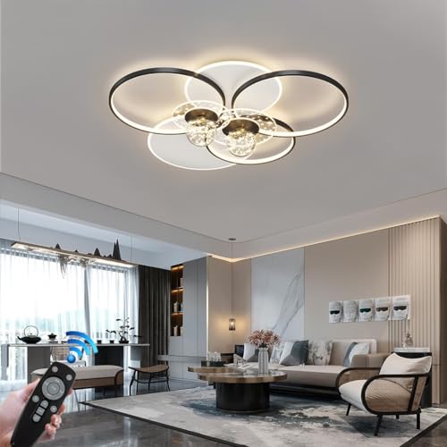 LYSDjia Grand plafonnier LED moderne 110W lampe de salon design anneau noir dimmable avec télécommande Lampe de Plafond lustre de chambre abat-jour en...