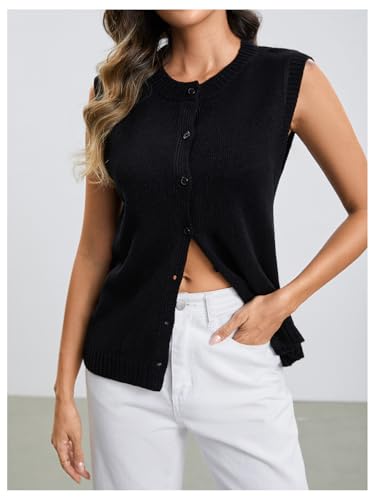 Image of Milumia Women's Round Neck Button Up Sweater Vet Sleeveless Basic Knit Tops Black Medium