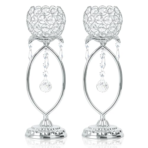 kehail 2 Pcs Silver Elegant Metal Crystal Tea Light Candle Holders with Crystal Pendants Hollow Design - Wedding Table Centerpieces for Anniversary Birthday Party Home Decor