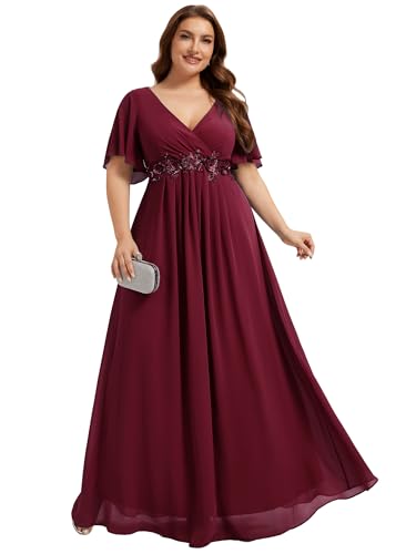 Image of Ever-Pretty Short Sleeves V Neck Plus Size Formal Dresses for Curvy Women Chiffon Mother of The Bride Dress Evening Gowns