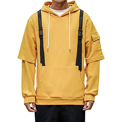 Men Hoodie Pullover Long Sleeve Multi Pocket Cotton Blend Solid Casual Sweatshirt Hooded Yellow