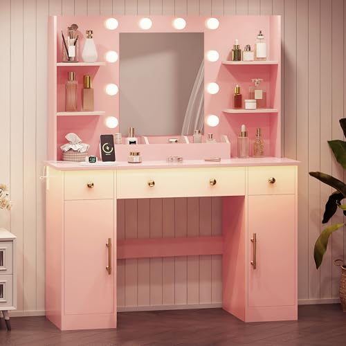 Image of HUANLEGO Vanity Desk with Mirror and Lights, Makeup Vanity with Mirror and LED Lights & Power Outlet, 3 Drawers and Cabinets, 3 Lighting Modes Dressing Table Set for Girls Women Bedroom,Pink