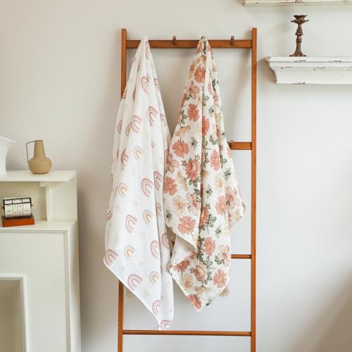 Image of insular Muslin Swaddle Blankets for Boys Girls, 2 Pack Receiving Baby Blanket Large 47 x 47 inches, Soft Breathable Swaddling Wrap for Unisex Newborn, Floral&Rainbow