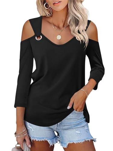 Minetom Women's V Neck 3/4 Sleeve Shirts Cold Shoulder Tops Basic Summer Tees A Black