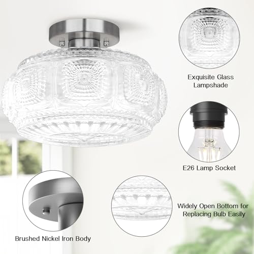 Image of 11 Inch Globe Glass Semi Flush Mount Ceiling Light Fixture, Nickel