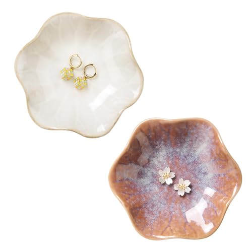 Image of 2PCS Lotus Leaf Shape Ring Holder Dish, Small Key Bowl, Ceramic Trinket Tray Jewelry Dish Organizing Necklace Earrings for Mom Friend Sister, All Jewelries Are NOT Included. White+Purple.