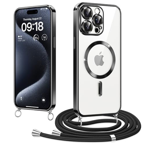 Elettrolitico Magnetica Cover con Cordino per iPhone 15 Pro 6.1 Compatibile con Magsafe Ricarica Antiurto AntiGraffio con Collana Regolabile Case per 15 Pro wireless tpu nero