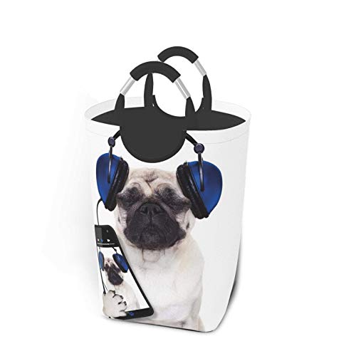 Wäschesack,Mops Hund Musik hören auf dem Smartphone Groovy Coole Kopfhörer Tier Lustiges Bild Marineblau Schwarz,Großer faltbarer