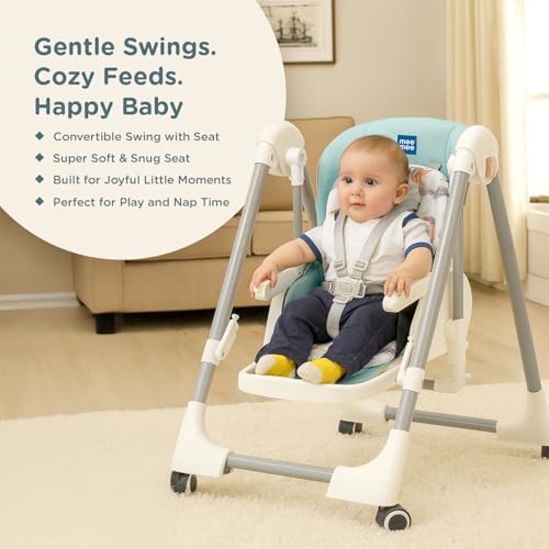 Image of Mee Mee Royal Rise 3-in-1 Baby Highchair with Swing Mode, Recline & Adjustable Height | Foldable Feeding Chair with 5-Point Safety Harness, Wheels & Removable Tray | 6 Months to 4 Years (Light Grey)
