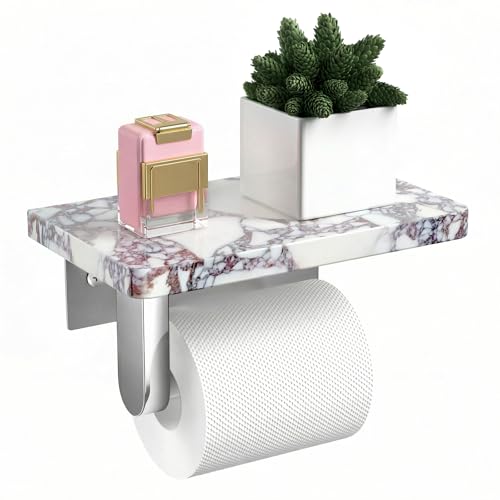 SAMAH Marble Toilet Paper Holder with Shelf, 304 Stainless Steel Wall Mounted Toilet Roll Holder, Tissue Holder for Bathroom, Washroom, RV, Premium Marble Bathroom Accessories for Modern Decor