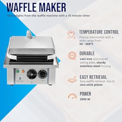 Royal Catering - Waffeleisen Waffelautomat (rechteckig, 37 x 32 x 50 cm, 2.000 W, 10 x 17 cm Waffel, 15 min Timer, Gusseisen & Emaille, Edelstahlgehäuse) Silber – Bild 4