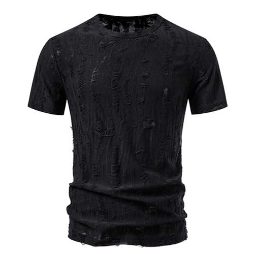 Mens Ripped Holes T Shirts Summer Distressed Short Sleeve Casual Hipster Hip Hop Crewneck Shirts Fashion Y2k Streetwear
