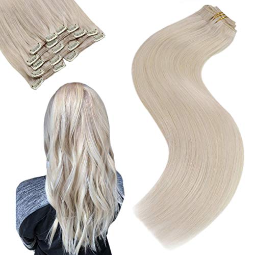 Sunny Clip on Hair Extensions Human Hair 24 inch Hair Extensions Clip on Human Hair Platinum Blonde Clip in Hair Extensions Double Weft 7pcs 120g