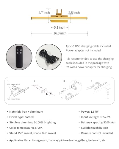 Image of KDG LED Cordless Wall Picture Lights Set of 2 with Remote, 5200mAh Rechargeable Dimmable Art Lighting, Adjustable Swing Arm, Picture Frame Light for Gallery, Living Room, Hallway, 16.3 inch, Gold