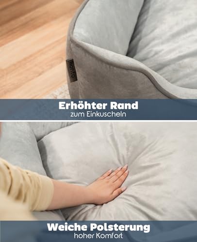 lionto Hundebett 2-in-1 mit komfortablem Einstieg, kuscheliges Heimtierbett zum Wenden für Hunde und Katzen, 60x50 cm, Hundekissen in pflegeleichter Wildlederoptik, grau
