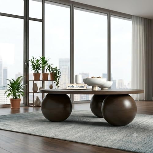 Image of Solid Mango Wood Modern - Round Coffee Table with Ball Shape Base - Bohemian Solid Wood Coffee Table for Office and Living Room C#058 (Walnut)