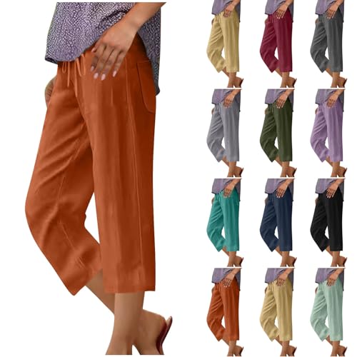 Linen Capri Pants for Women Drawstring Wide Leg Trousers Summer Comfy Casual Capris Beach Clothes with Back Pockets