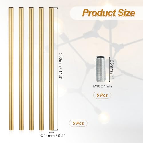 Image of PATIKIL Threaded Extension Rod, 5 Sets 11.8 inch M10 x 1mm Fine Thread Lamp Pipe with Lamp Pipe Nipples for Pendant Light Island Lighting Chandeliers Stems, Brass Tone