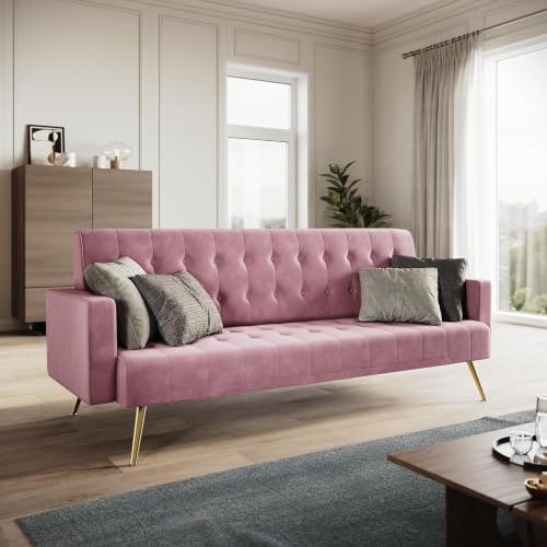 Image of ELEGANT 3 Seater Sofa Bed 191cm, Pink Velvet Sofa Couch with Square Armrest