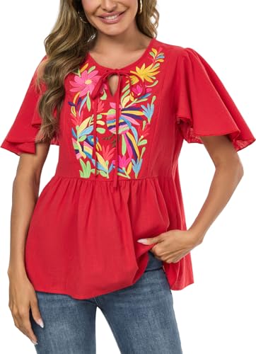 Image of Mexican Shirts Peasant Blouses for Women Cotton Embroidered Blouses Fiesta Summer Bohemian Shirts 3 /4 Sleeves