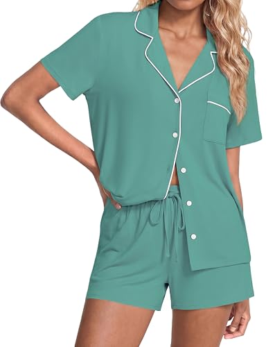 Ekouaer Womens Pajamas Set Soft Classic Notch Collar Bride Pjs Comfy Short Sleeve Sleepwear Loungewear,Gray Green,Medium