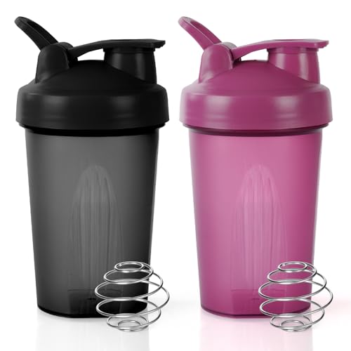ACWOO 2 PCS Protein Shaker 400ml, Proteína Shaker a Prueba de Fugas con Bola Mezcladora, Botella Mezcladora de Batidos de Proteínas, Taza para Batidos de Proteínas para Fitness (Negro + Morado)
