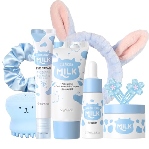 9PCS Milk Skin Care Sets & Kits for Teenage Girls-Moisturizing and Hydrating Skincare Sets- Facial Cleansing Brush & Cleanser Serum Face & Eye Cream Hair Clip&Tie Complete Gift Sets for Women