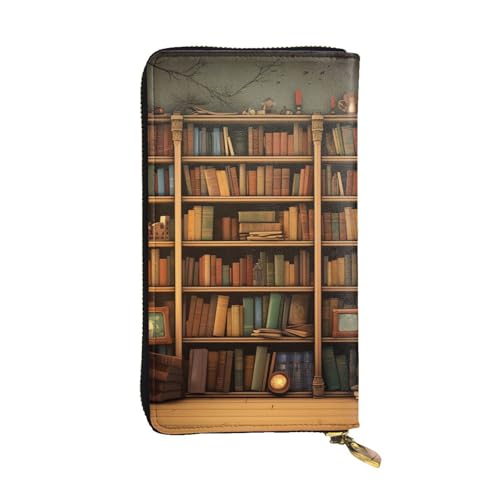 Womens Wallet Leather Slim Wallet Long Card Holder Case Zip Clutch Retro Bookshelf Travel Purse
