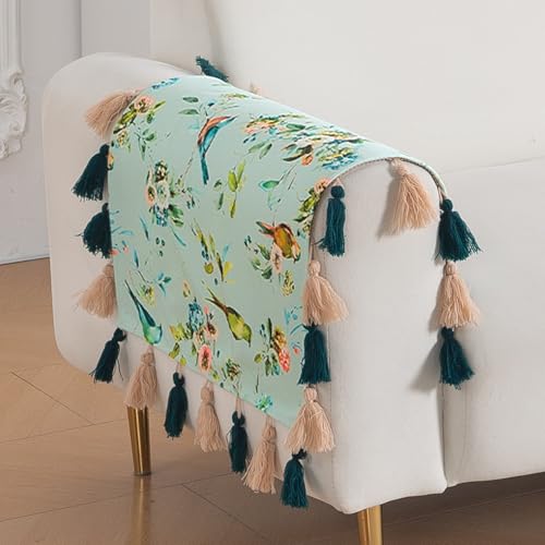 Image of HOKIPO Premium Sofa Armrest Cover (1 Pair) | Printed Holland Velvet with Tassels | 'Whispers of Nature' Mint Birdsong Blossom (IN-1115-D3*2SM)