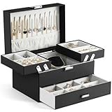 Dajasan Boite Bijoux Femme Élégante, Boîte à Bijoux, 3 Couches Grande Coffret a Bijoux avec Support Métallique Mobile, Cuir PU Coffret Bijoux pour Coiffeuse, Idéal Cadeau pour Maman, Fille (Noir)