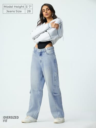 Image of The Souled Store: Barrel-Fit Denim: Women and Girls Washed Cotton Twill Barrel Fit Lightweight Adjustable Rise Everyday Casual Denim Jeans