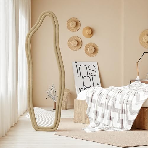 Miroir de sol nuage pleine longueur, ondulé, cadre en bois enveloppé de flanelle, miroir de sol et mural avec support, miroir sur pied ondulé, doré, 160 x 50 cm