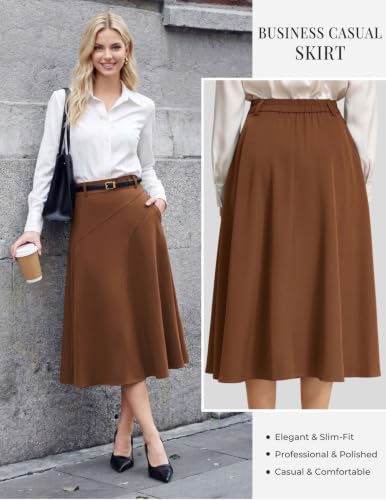Image of Women's Business Casual Midi Skirt, High Waist Flowy Skirts with Pockets | Flowy, Work, Basic, Elegant, Teacher, Formal, Office, Funeral, Church, Fashion, Outfits, Clothing