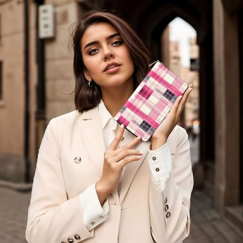 Fashion Pink Plaid Print Wallet Women Men, Long PU Leather Wallets for Women, Cute Womens Travel Wallet Purse Pouch with Zipper Pocket 6