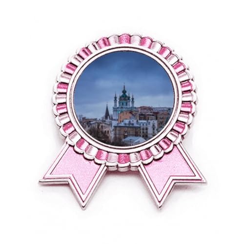 Badge Broche Pin Rose Art Déco Moyen en Métal Château Nuages Bleu