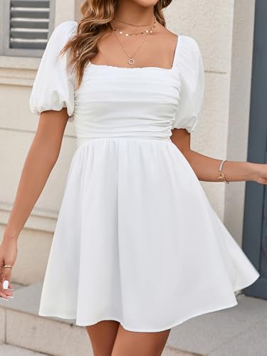 Women's Summer Square Neck Short Dress Puff Sleeve Off Shoulder Sundress Casual A Line Mini Graduation Dresses3