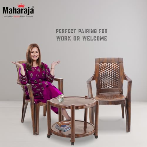 Image of MAHARAJA Classic Plastic Table & Chair Set | Elegant Design, Sturdy Build | Perfect for Home, Office & Garden Use (Teakwood, 2 Chair+1 Table)