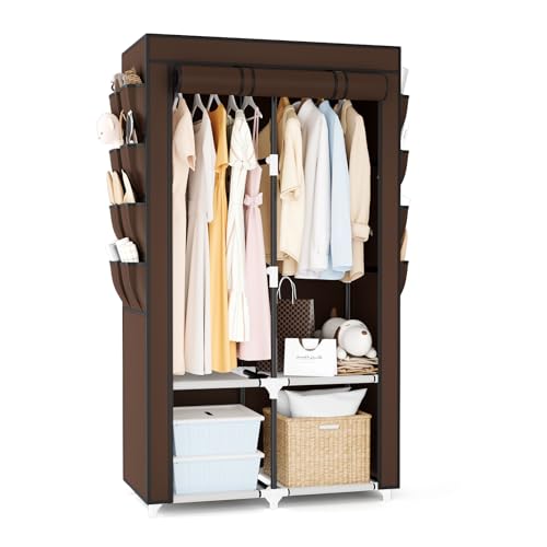 BrFoYu Portable Closet for Hanging Clothes, Portable Wardrobe Closet with Cover, 4 Storage Shelves, 2 Hanging Rods and 8 Side Pockets Easy Assembly and Sturdy Free Standing Closet for Bedroom Brown