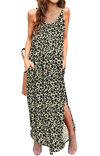 AUSELILY Vestido Playa Mujer Largo Sin Mangas Vestido Maxi Informal Cuello V Floral Bohemio Vestido Largo Verano Playa Fiesta Vacaciones con Bolsillos Leopardo L