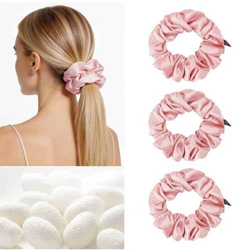 Image of THXSILK 100% Mulberry Silk Chunky Scrunchies 3-Pack, 25 Momme Mulberry Silk Hair Ties for Women, Thick Voluminous No Damage Hair Ties, Ponytail Holders for All Hair Types, Pink