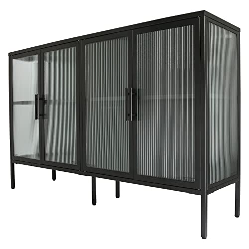 Ikayaa Metal Storage Cabinet Sideboard Buffet Cabinet With 4 Fluted Glass Doors And Adjustable Shelf Console Table Bookcase For Entryway Office Living Dining Room Black #TOP6