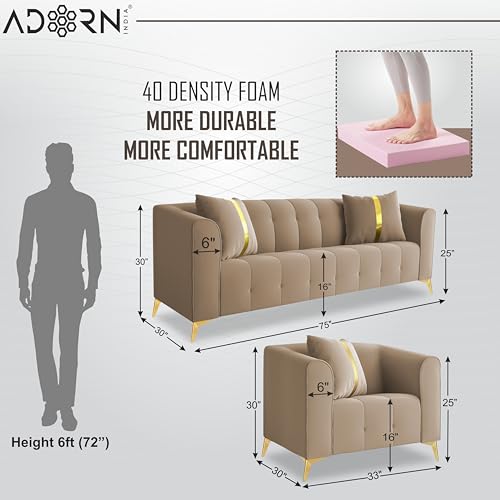 Image of Adorn India Premium Mystic - 3 Years Warranty - 3+1+1 Sofa Set Velvet Suede Fabric - Beige