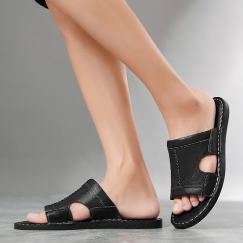 Image of Men's Leather Cutout Slides Sandals Comfortable Lightweight Open Toe Anti-Slip Soft Bottom Slip On Slippers Summer Outdoor Casual Beach Sandals
