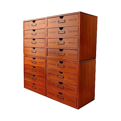 16-Drawer Wooden Storage Box (19.6”x6.89”x19.6”) VIntage Filing Cabinet in Walnut Wood - 16-Slot Wooden Desk Drawer Unit w/Label Holders & Handles - Multi Level Countertop Drawer Organizer Cover