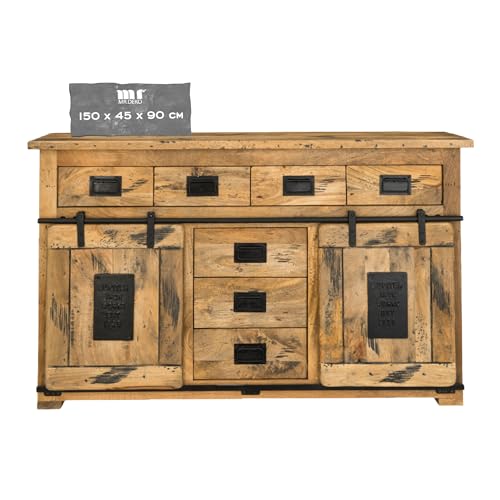 MR. DEKO Kommode Florenz Mango Holz Vintage-Optik | Schubladen & Schiebetür | Stauraum für Wohnzimmer & Flur | Kleiner Schrank | Shabby-Chic Sideboard | 150x45x90cm Mehrzweckschrank Komode | Möbel