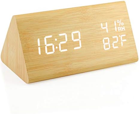 OCT17 Wooden Alarm Clock, Smart LED Digital Clock for Bedroom/desks, Upgraded with Time Temperature, Adjustable Brightness and Voice Control, Humidity Displaying - Bamboo