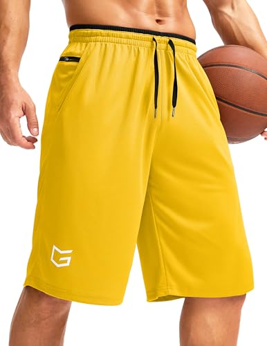G Gradual Men's Long Basketball Shorts with Zipper Pocket 11'' Quick Dry Gym Shorts Lightweight Mesh Athletic Shorts for Men(Yellow,XL)