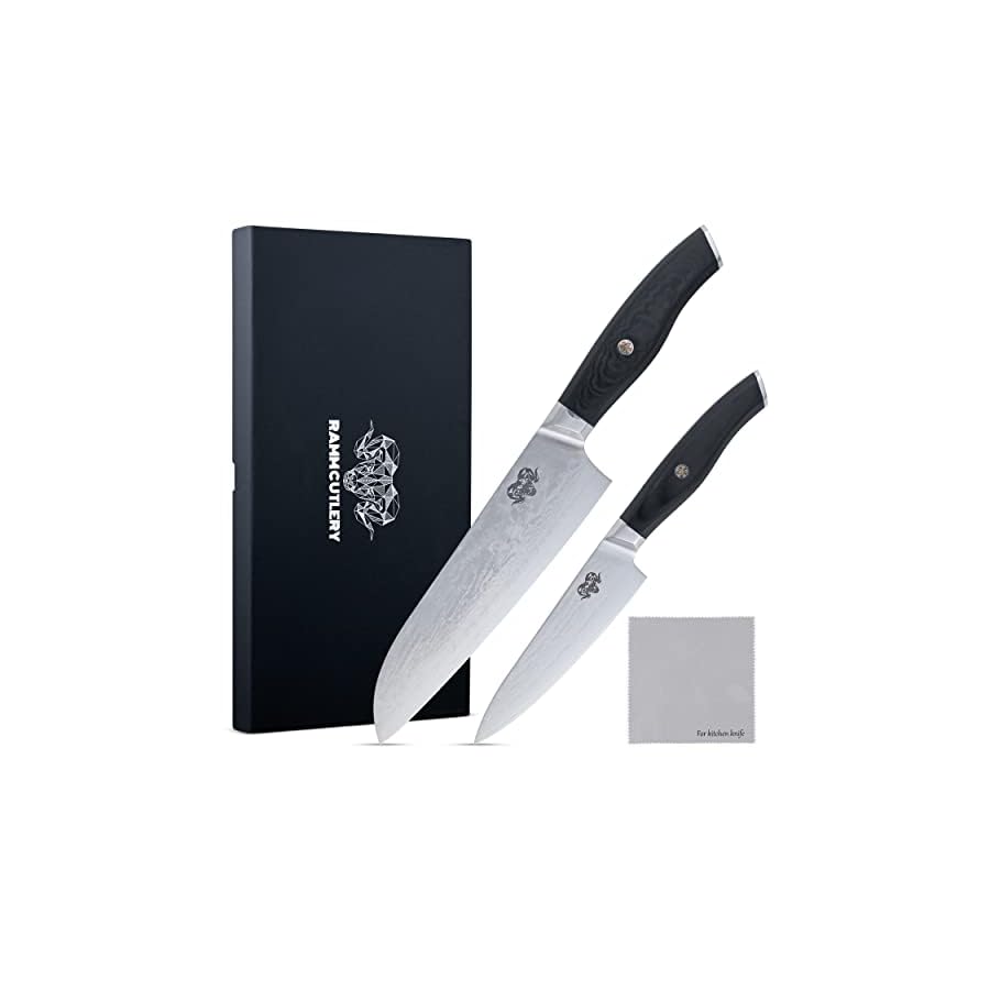 RAMM CUTLERY Damascus Steel Knife Set - 7 Inch Santoku & 5 Inch Carving Knives, AUS-10 Japanese Steel, 67 Layers - Ideal for Slicing, Chopping, and Professional Kitchen Use