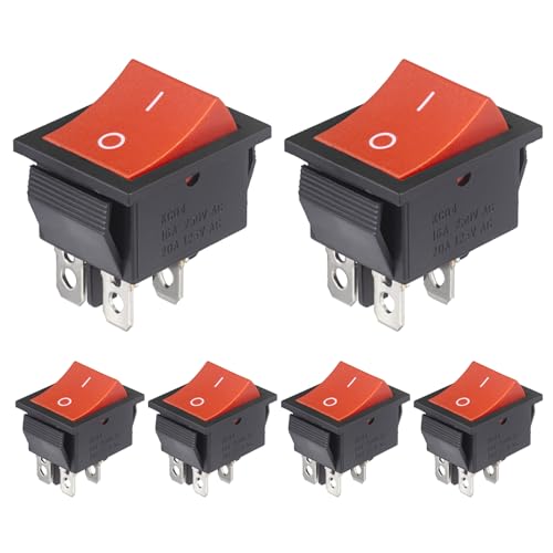 VEXUNGA KCD4 Rocker Switch 20A 125V AC 16A 250V On Off 4 Pin 2 Position Mini Boat Rocker Switch Red Snap DPST Toggle Switches Square for Car Marine Home Appliances (Pack of 6pcs)